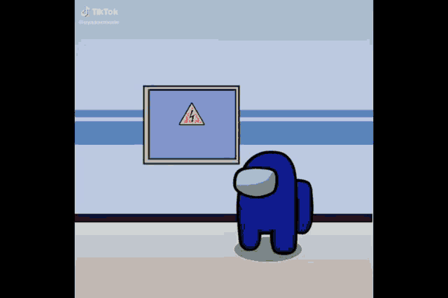 a blue among us character is standing in front of a window with a lightning bolt on it .