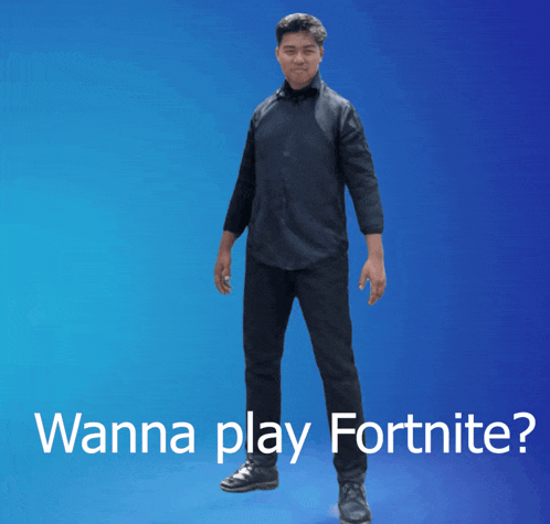a man standing in front of a blue background with the words " wanna play fortnite "