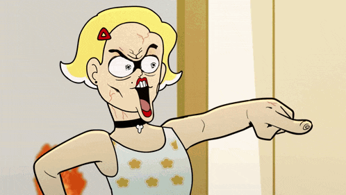 a cartoon of a girl with a choker pointing