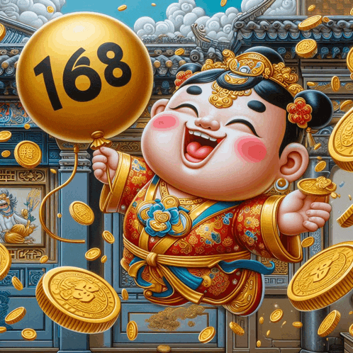 a cartoon drawing of a girl holding a balloon with 168 on it