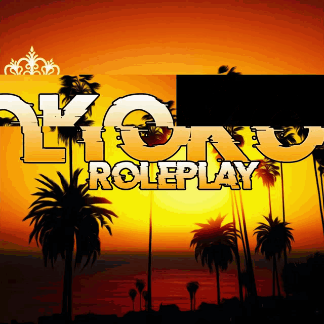 a sunset with palm trees and the words lion roleplay in the foreground