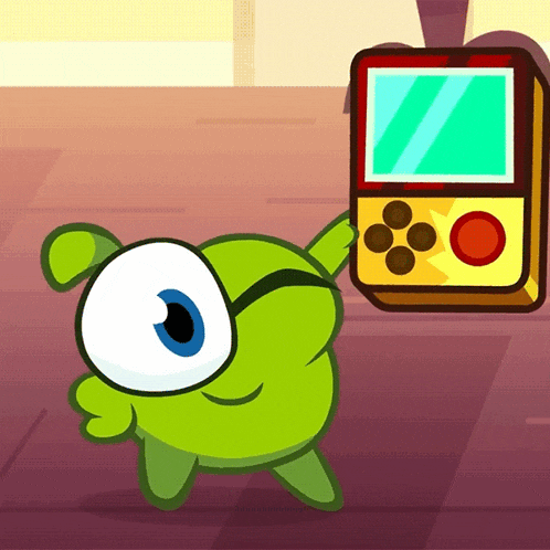 a cartoon character with glasses is standing next to a game controller