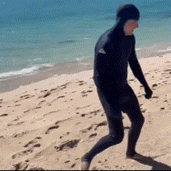a person in a wetsuit is running on a beach