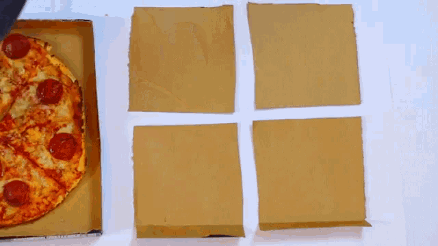 a pepperoni pizza in a cardboard box next to four pieces of paper