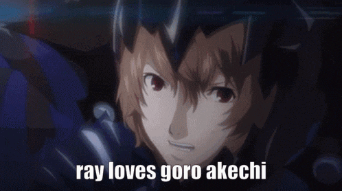 a close up of a person 's face with the words `` ray loves goro akchi '' written on the bottom .