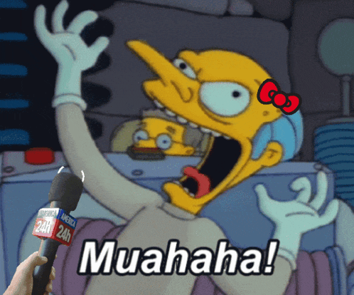 a person is holding a microphone in front of a cartoon character that says muahaha