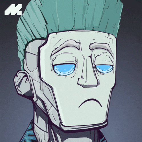 a cartoon drawing of a man with blue eyes and the letter m on the bottom