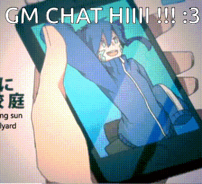 a person is holding a cell phone with a picture of a girl on the screen and the words gm chat hhh !!! 3