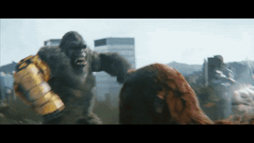 a giant gorilla with a yellow barrel on its back is standing next to a woman