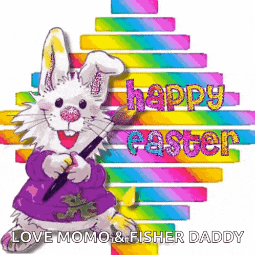 a colorful easter card with a bunny holding a brush