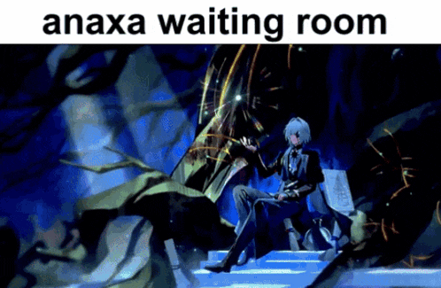 a man sits on a throne with a clock in the background and the words anaxa waiting room below him