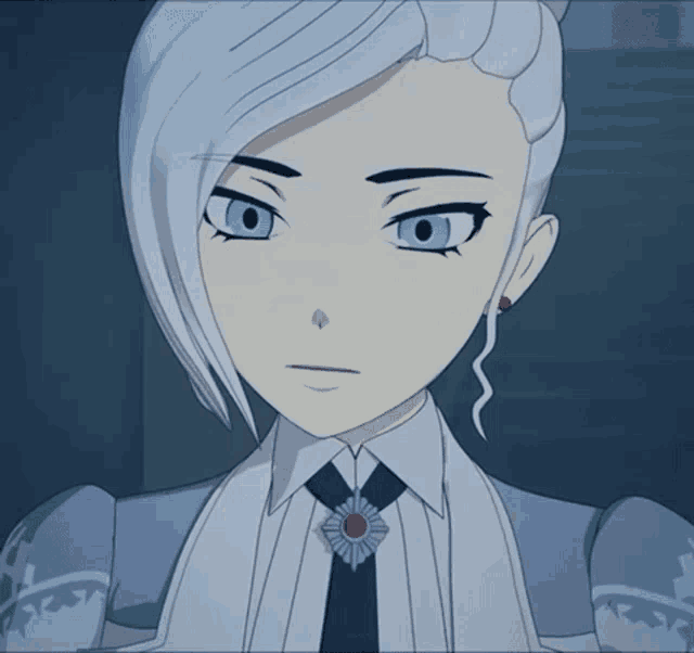 a girl with white hair and blue eyes is wearing a white shirt and a blue tie