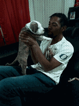 a man in a nike shirt holds a puppy in his arms