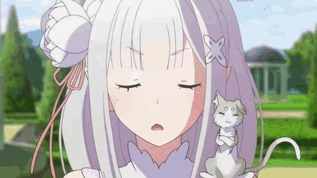 a girl with white hair is holding a cat