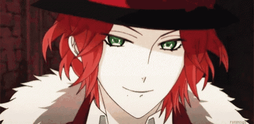 a close up of a person with red hair and green eyes wearing a hat