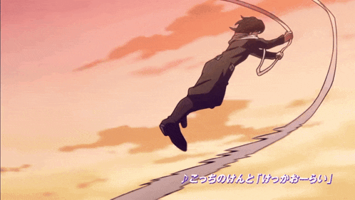 a cartoon character is upside down with a ribbon around his neck and a foreign language written below him
