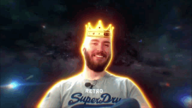 a man with a beard wearing a retro super dry shirt