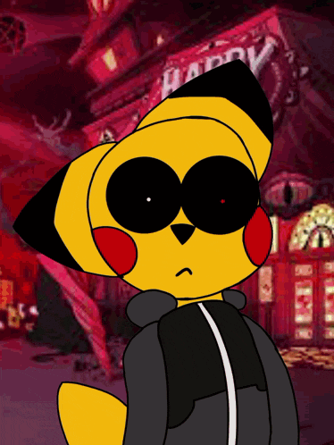 a cartoon character is standing in front of a sign that says " happy "