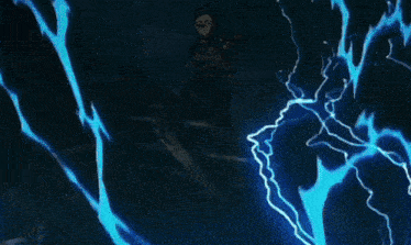 a person is standing in the dark with a blue lightning bolt behind them .