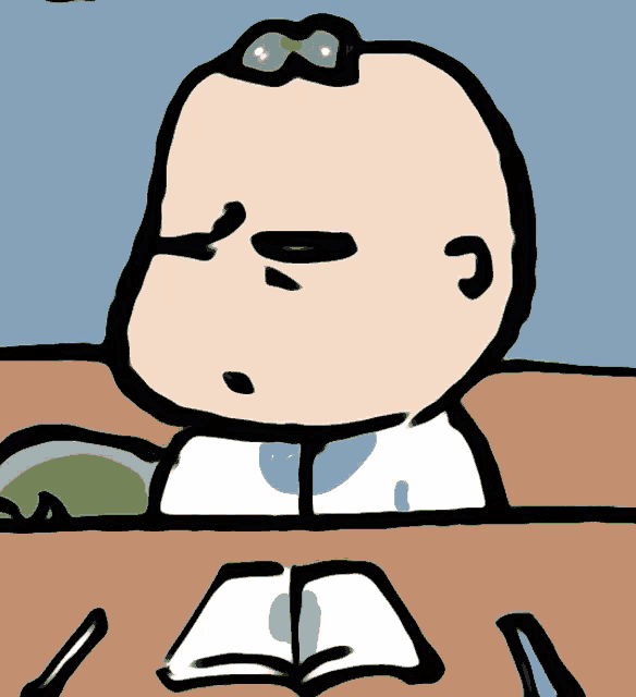 a cartoon drawing of a man sitting at a desk with a book