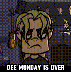 a cartoon of a man with the words dee monday is over