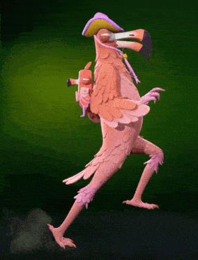 a cartoon flamingo with a purple hat carrying a smaller flamingo