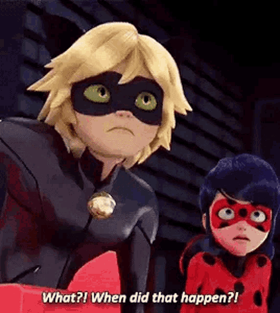 cat noir and ladybug from miraculous ladybug are standing next to each other and talking about what happened .