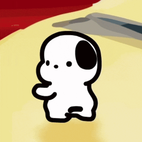 a black and white cartoon dog is standing on a yellow background .