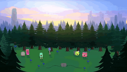a group of cartoon characters standing in a forest