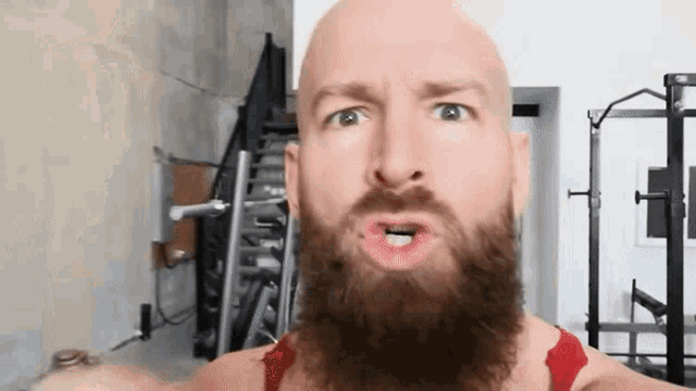 a bald man with a beard is making a funny face while standing in a gym .