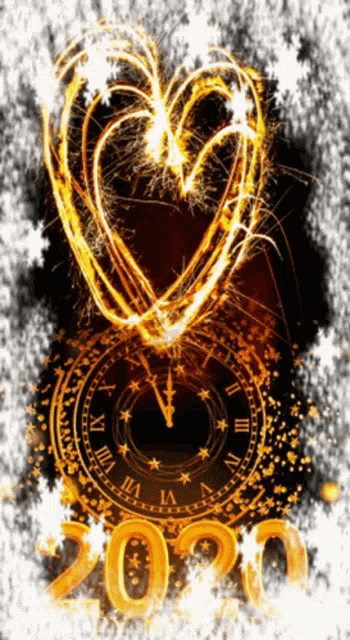 a clock with the numbers 2020 and a heart made out of sparklers