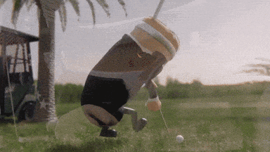 a cartoon character is swinging a golf club at a golf ball on a golf course