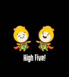 two cartoon characters are holding hands with the words high five written below them