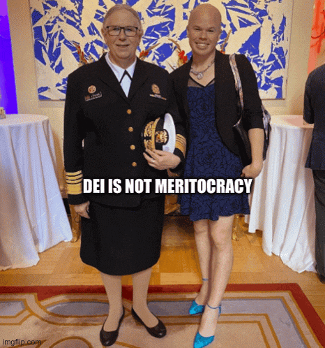 a woman in a military uniform is standing next to a woman in a dress with the caption dei is not meritocracy