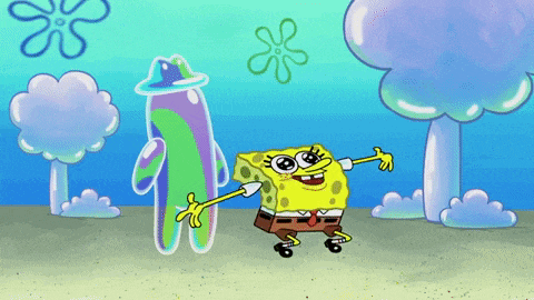 a cartoon drawing of spongebob dancing with a bubble man