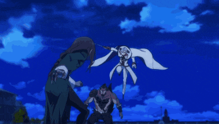 two anime characters are fighting each other with a blue sky behind them