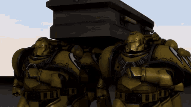 a group of robotic soldiers carrying a coffin on their backs