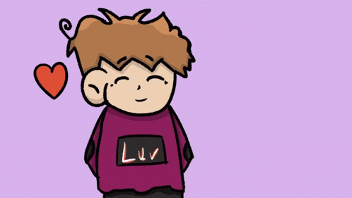 a cartoon drawing of a boy wearing a red shirt that says luv
