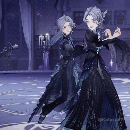 a couple of anime characters are dancing in a room with candles on the walls