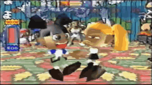 a cartoon scene with a sign that says boo in the background