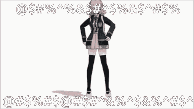 a girl is dancing in front of a white background with a bunch of letters on it .