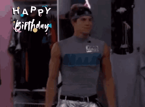 a man is standing in front of a closet with the words happy birthday written on the bottom