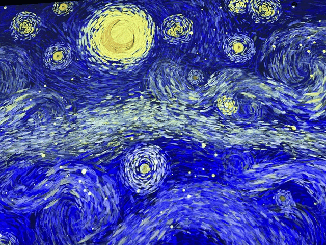 a painting of a starry night sky with a yellow moon