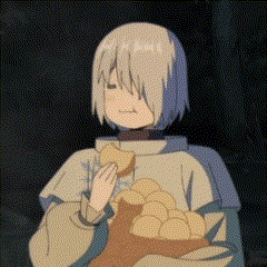 a cartoon character is eating a piece of bread while holding a basket of eggs .