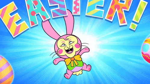 a cartoon easter bunny with the word easter behind him