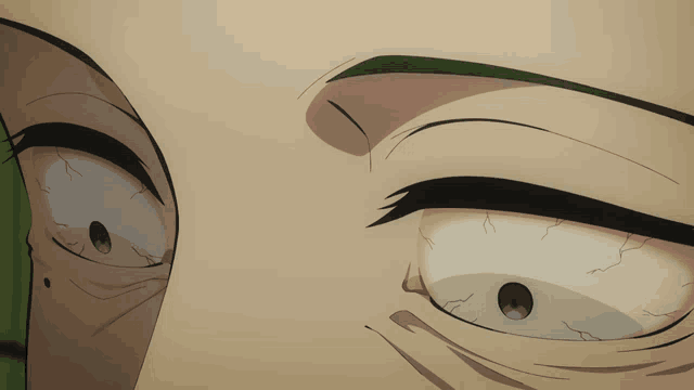 a close up of a cartoon character 's eyes with a green background