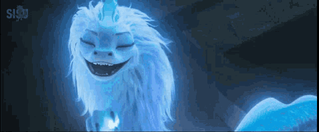 a close up of a cartoon character from a movie with a blue light coming out of its mouth .