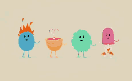 a group of four cartoon characters standing next to each other on a beige background .