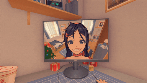 a computer monitor displays a picture of a girl and the time is 18:28