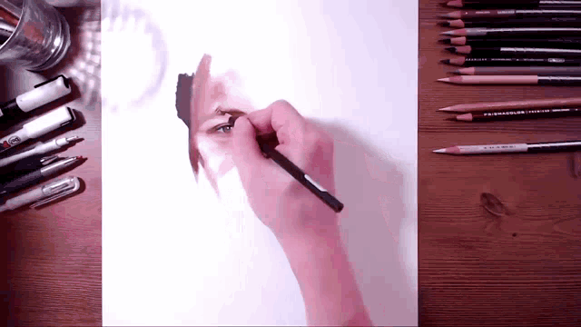 a person is drawing a picture of a woman 's face with prismacolor pencils